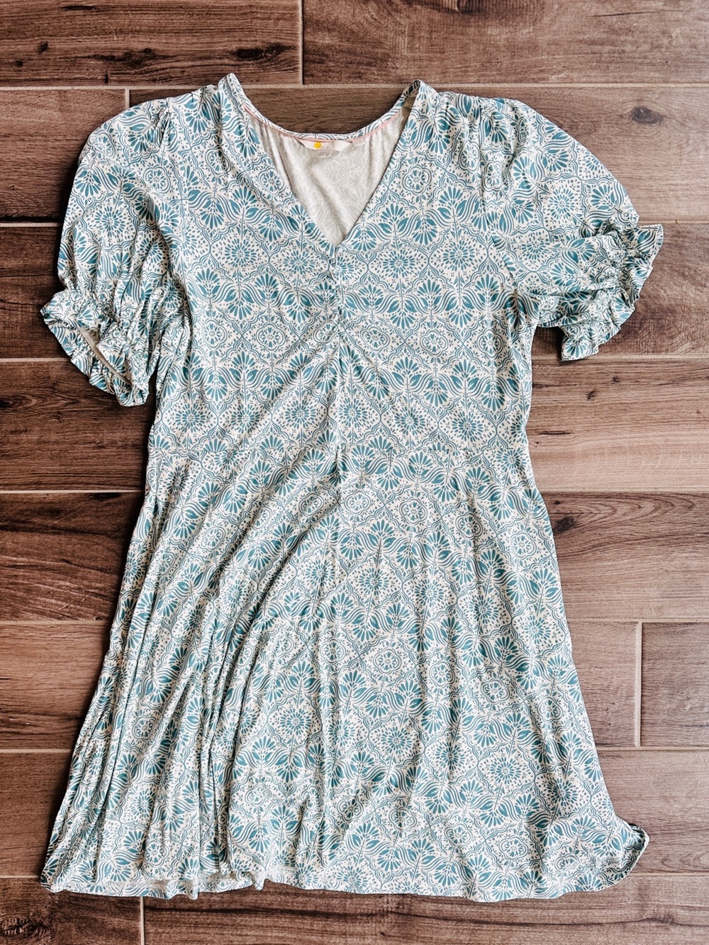 Women's Teal Patterned V-Neck Dress - Boden - Size 14